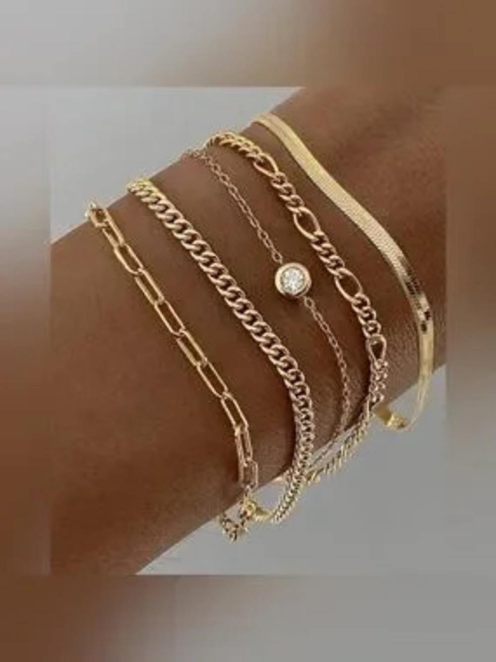Gold Plated Stainless Steel 5-Piece Bracelet Set Layered Chain & Rhinestone